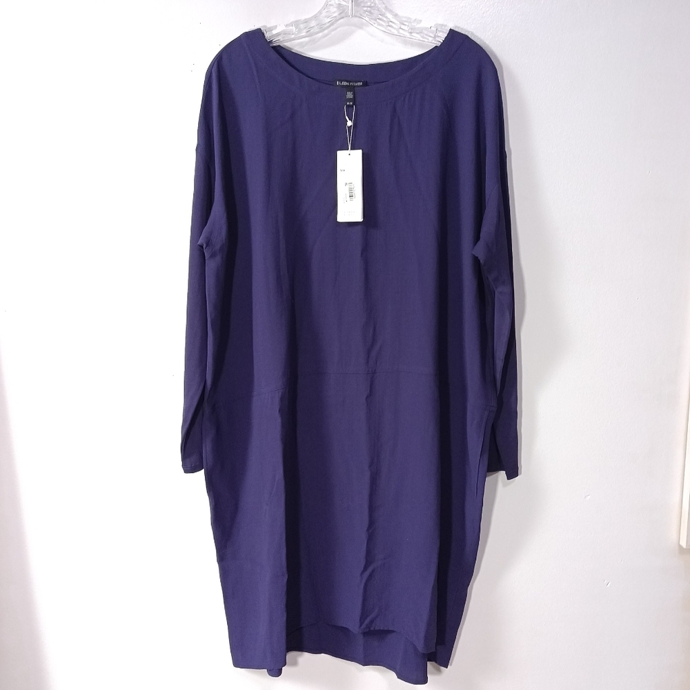 Eileen Fisher Georgette Crepe ballet neck 100% Silk Dress in Purple with pockets